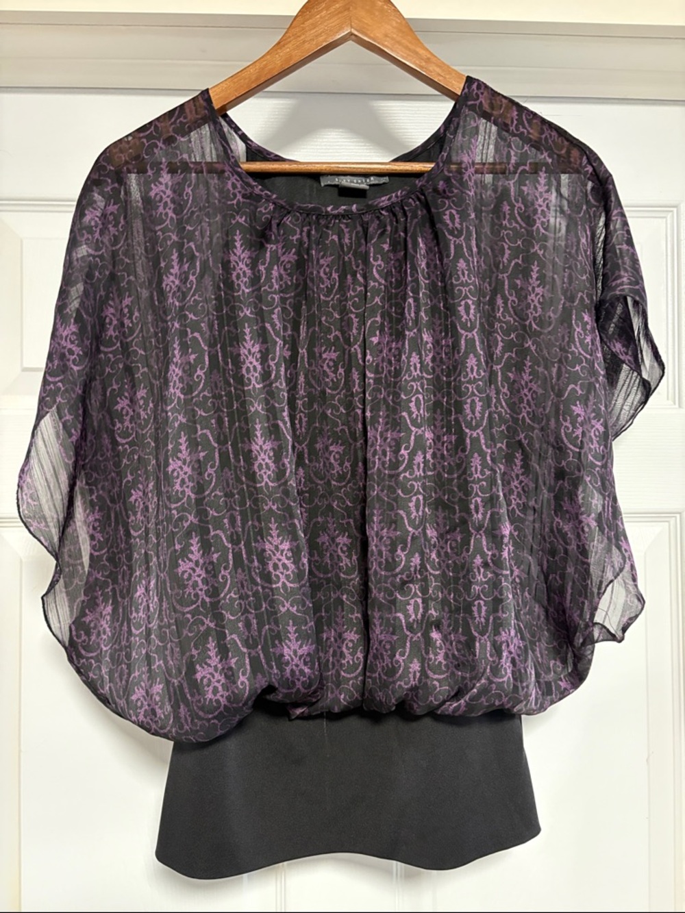 Suzy Shier Black and Purple Sheer Printed Blouson Top